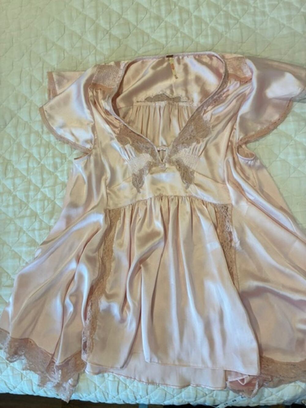 Free People Blush Pink Satin Lace Babydoll Mini Dress XS Oversized
